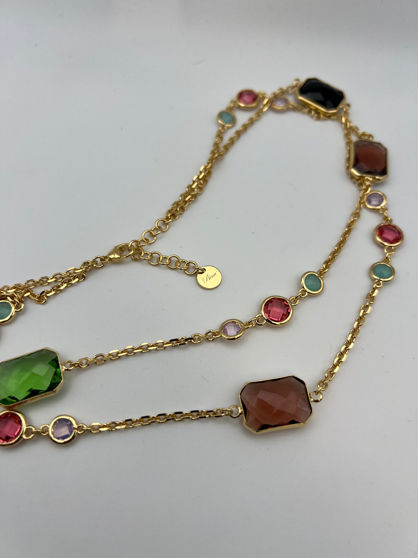 Collana Doppia in Ottone Dorato con Pietre Colorate