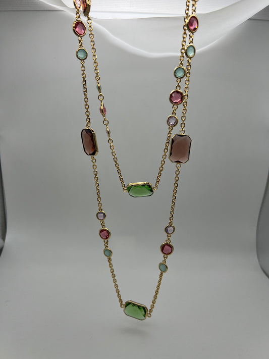 Collana Doppia in Ottone Dorato con Pietre Colorate