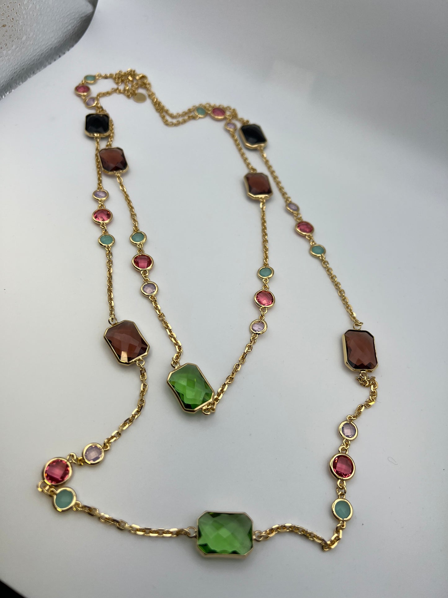 Collana Doppia in Ottone Dorato con Pietre Colorate