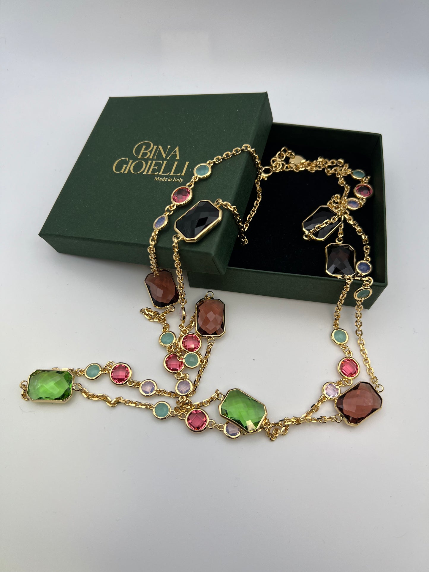 Collana Doppia in Ottone Dorato con Pietre Colorate